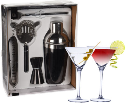 Excellent Houseware cocktails maken set 5-delig met 4x Martini glazen - Cocktailshakers Zwart