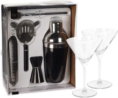 Excellent Houseware cocktails maken set 5-delig met 4x Martini glazen - Cocktailshakers Zwart