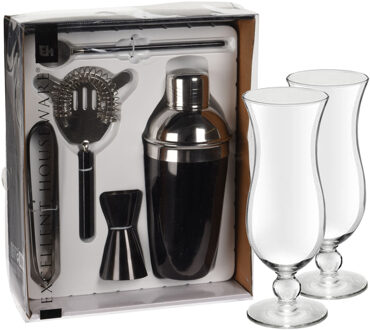 Excellent Houseware cocktails maken set 5-delig met 4x Pina Colada glazen - Cocktailshakers Zwart