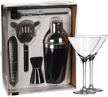 Excellent Houseware cocktails maken set 5-delig met 6x Martini glazen - Cocktailshakers Zwart