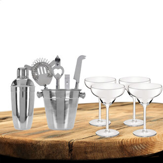 Excellent Houseware cocktails maken set 6-delig met 4x Margarita glazen - Cocktailshakers Zilverkleurig