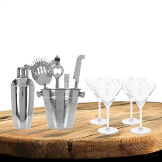 Excellent Houseware cocktails maken set 6-delig met 4x Martini glazen - Cocktailshakers Zilverkleurig