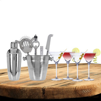 Excellent Houseware cocktails maken set 6-delig met 4x Martini glazen - Cocktailshakers Zilverkleurig