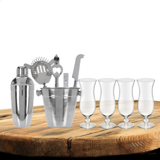 Excellent Houseware cocktails maken set 6-delig met 4x Pina Colada glazen - Cocktailshakers Zilverkleurig