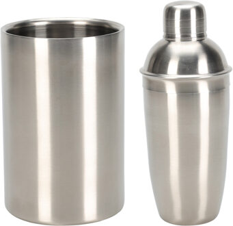 Excellent Houseware Cocktailshaker met wijnkoeler/flessenkoeler - 500 ml - RVS - cocktailset - Cocktailshakers Zilverkleurig