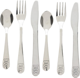 Excellent Houseware Cutlery for Kids bestekset met beer - 6-delig - zilver - RVS - voor kinderen - Besteksets Zilverkleurig