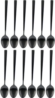 Excellent Houseware Dessertlepels - Lange Koffielepels - 12x - zwart - RVS - 18 cm - latte macchiato / snoirbet lepels