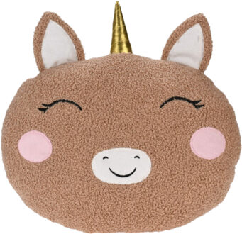 Excellent Houseware Dieren sierkussen kinderkamer - eenhoorn - bruin - 30 cm - pluche