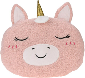 Excellent Houseware Dieren sierkussen kinderkamer - eenhoorn - roze - 30 cm - pluche