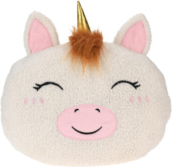 Excellent Houseware Dieren sierkussen kinderkamer - eenhoorn - wit - 30 cm - pluche