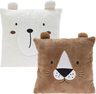 Excellent Houseware Dieren sierkussens - kinderkamer - bruin / wit - 2 stuks - 43 cm