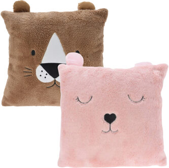 Excellent Houseware Dieren sierkussens - kinderkamer - roze / bruin - 43 cm - polyester