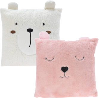 Excellent Houseware Dieren sierkussens - kinderkamer - roze / wit - 43 cm - 2 stuks