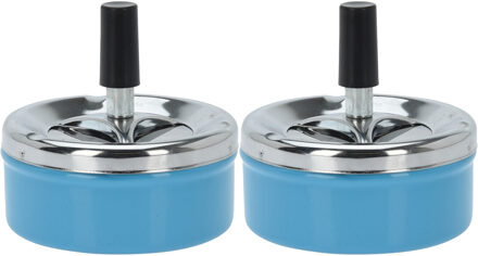 Excellent Houseware Draai asbak - Set van 2x stuks - druk asbak - rond metaal - 10 cm - blauw