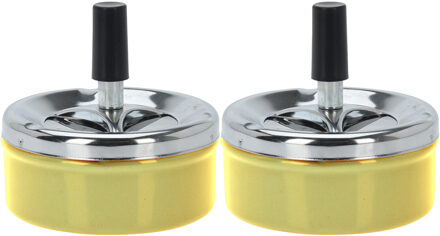 Excellent Houseware Draai asbak - Set van 2x stuks - druk asbak - rond metaal - 10 cm - geel