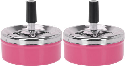 Excellent Houseware Draai asbak - Set van 2x stuks - druk asbak - rond metaal - 10 cm - roze