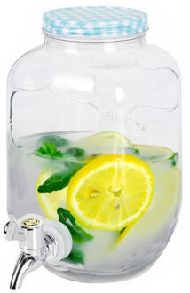 Excellent Houseware Drankdispenser/limonadetap - met tapje - glas - 4 liter - blauw/wit geblokte dop - 15 x 26 cm