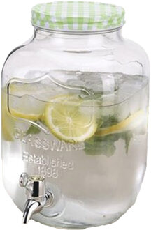 Excellent Houseware Drankdispenser/limonadetap - met tapje - glas - 4 liter - groen/wit geblokte dop - 15 x 26 cm