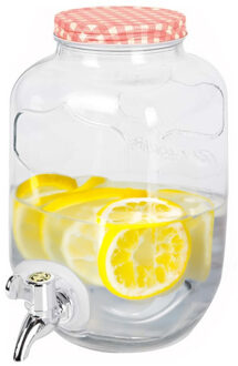 Excellent Houseware Drankdispenser/limonadetap - met tapje - glas - 4 liter - rood/wit geblokte dop - 15 x 26 cm