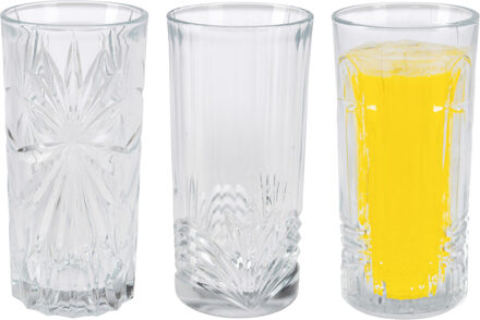 Excellent Houseware Drinkglazen Palm Springs - 3x - helder transparant - glas - 380 ml - met glas decoraties