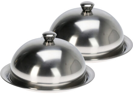 Excellent Houseware EH serveerschaal stolp met dienblad - 2x - zilver - rvs - D31 x H15 cm - met deksel