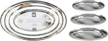 Excellent Houseware EH serveerschalen/dienbladen 3x stuks - plat/ovaal - zilver/rvs - D34/40/45 cm - voedsel serveren