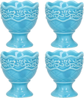 Excellent Houseware Eierdop - 4x - porselein - pastel blauw - 5,5 x 6,5 cm - Eierdopjes