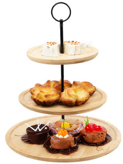 Excellent Houseware Etagere bamboe hout - 3-laags - presenteer/serveer schalen - D28 x H40 cm - high tea