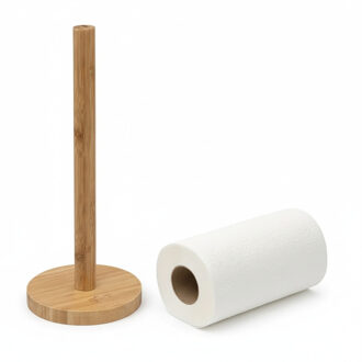Excellent Houseware Five keukenrolhouder - 1x - naturel - 12,5 x 32 cm - bamboe hout - Keukenpapier houder