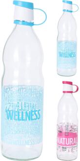 Excellent Houseware Fles glas 1l met tekst in roze of blauw