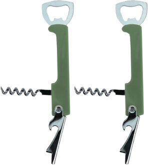 Excellent Houseware flesopener/kurkentrekker - 2x - kelnersmes - khaki groen - 12 cm