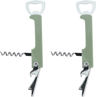 Excellent Houseware flesopener/kurkentrekker - 2x - kelnersmes - olijfgroen - 12 cm