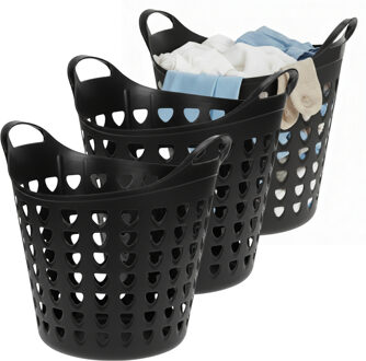 Excellent Houseware Flexibele wasmand - 3x - zwart - 26 liter - kunststof - 40 x 41 cm