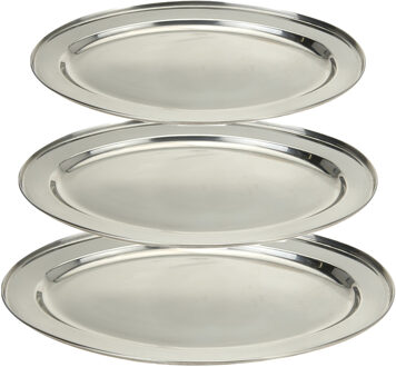 Excellent Houseware food serving bowls/plates - set 3x - oval - silver - ss metal - 35/40/45 cm - Serveerschalen Zilverkleurig