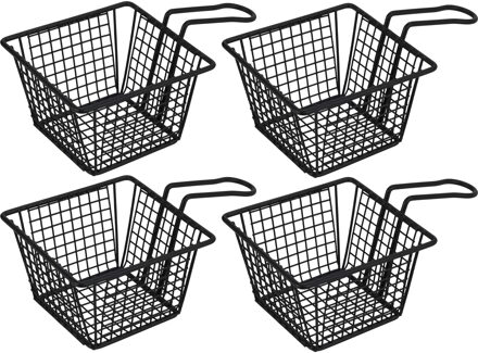 Excellent Houseware Frietmandje/patat serveermandje - 4x - zwart - metaal - 21 x 13 x 8,5 cm