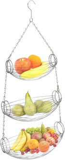 Excellent Houseware Fruitmand - 3-laags - hangend - ijzer - 32 x 22 x 72 cm - Fruitschalen Zilverkleurig