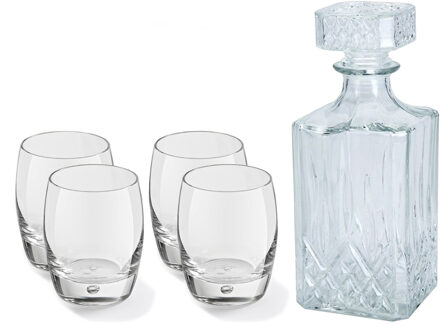 Excellent Houseware Glazen whisky/water karaf 900 ml met 4x whiskyglazen 360 ml - Whiskeykaraffen Transparant