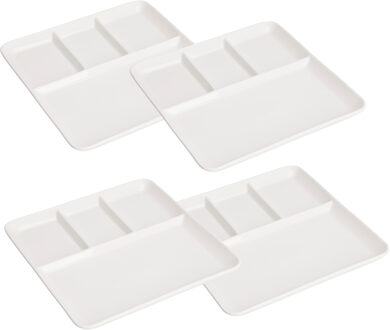 Excellent Houseware Gourmetbord - 4x - 4 vakjes - vierkant - wit - porselein - D25 cm - Fonduebord/barbecue bord
