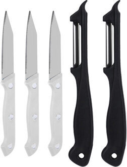 Excellent Houseware Groente/fruit keukenmesjes - 5-delig - voor schillen/snijden - zwart/wit - kunststof