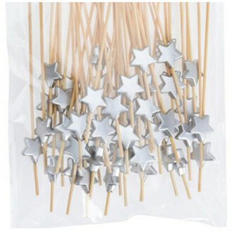 Excellent Houseware Hapjes Cocktailprikkers met sterretje - zilver - 100x stuks - bamboe - hapjes prikkers - 12 cm