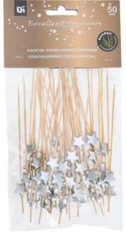 Excellent Houseware Hapjes Cocktailprikkers met sterretje - zilver - 50x stuks - bamboe - hapjes prikkers - 12 cm