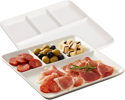 Excellent Houseware Hapjes / Tapas serveerschaal - 2x - poselein - wit - 25 cm - met vakken - vierka