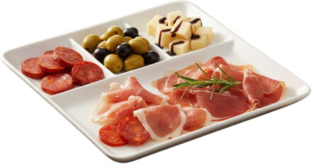 Excellent Houseware Hapjes / Tapas serveerschaal - poselein - wit - 25 cm - met vakken - vierkant