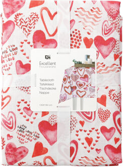 Excellent Houseware Hartjes tafelkleed - wit/rood/roze - 130 x 180cm