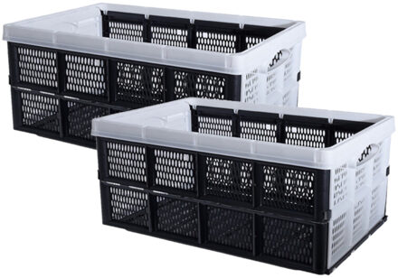 Excellent Houseware Inklapbare boodschappenkrat - Set van 2x stuks - opbergkrat - zwart / wit - 48 x 35 x 24 cm - vouwkr