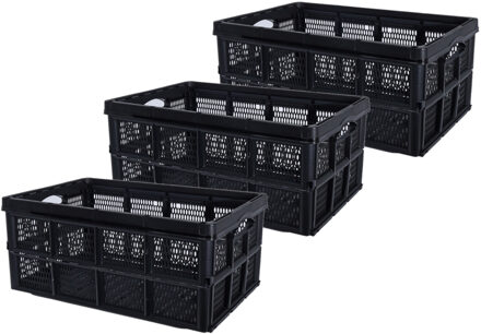 Excellent Houseware Inklapbare boodschappenkrat - Set van 3x stuks - opbergkrat - zwart - 48 x 35 x 24 cm - vouwkrat