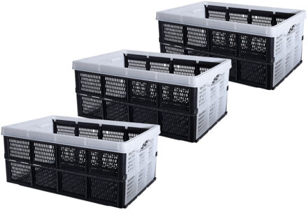 Excellent Houseware Inklapbare boodschappenkrat - Set van 3x stuks - opbergkrat - zwart / wit - 48 x 35 x 24 cm - vouwkr