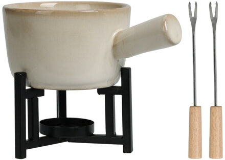 Excellent Houseware Kaasfondue setje met houder - porselein - beige/zwart - incl. 2 vorken