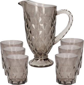 Excellent Houseware Karaf/schenkkan set 1 liter met 6 drinkglazen 250 ml grijs glas - Drinkglazen