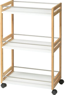 Excellent Houseware Keuken opberg trolley/roltafel met 3 plankjes - bruin/wit - bamboe - 51 x 30 x 80 cm - Opberg trolley Multikleur